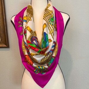 Authentic Hermes Les Rubans du Cheval Scarf with Beautiful Pink and Gold Design